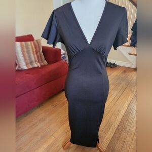 SHEIN Black V-Neck Flutter Sleeve Maxi Dress